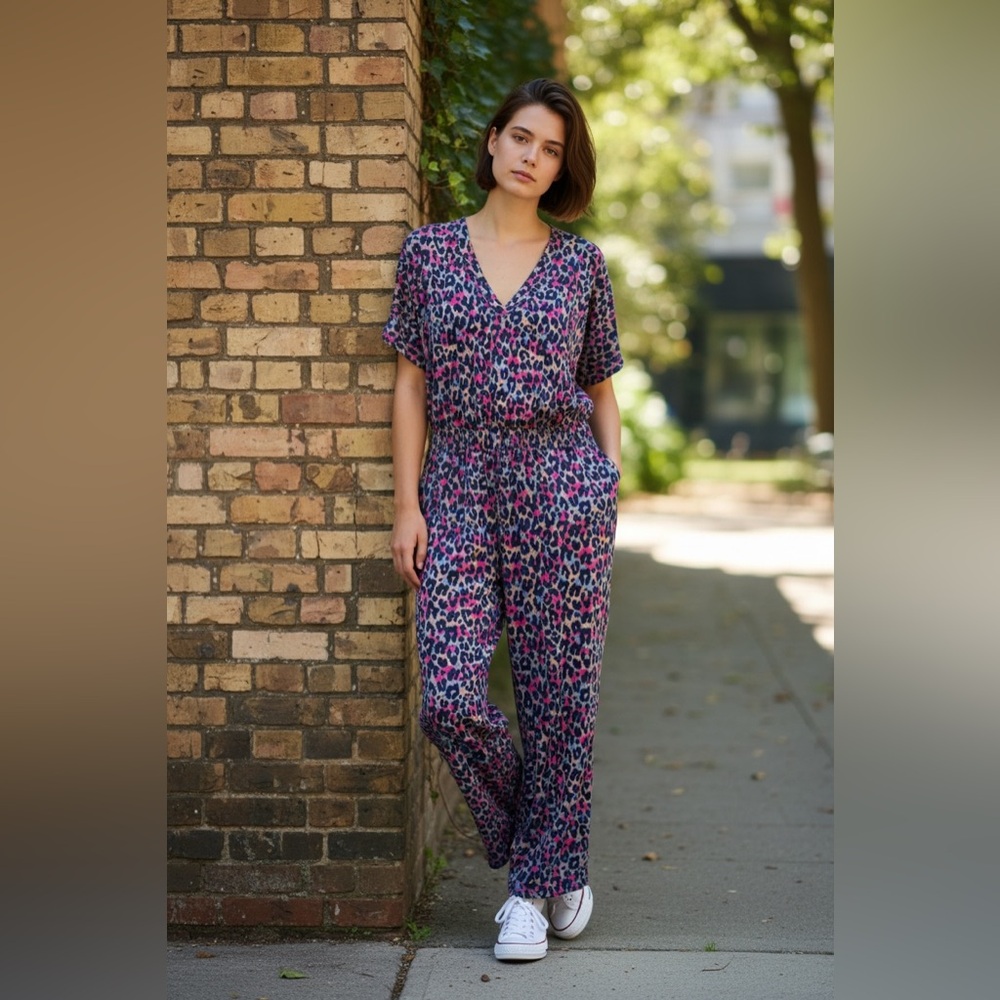Pact Blue and Pink Leopard Print Jumpsuit Size Medium